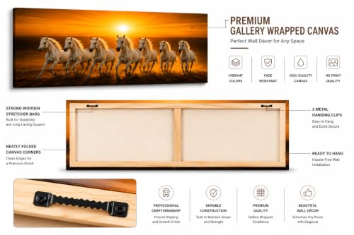 Image of 7 Horse Vastu Sunrise Canvas Painting | Positive Energy Wall Decor | Big Size Premium Running Horses Artwork for Home, Office & Hall Decoration (Modern, Sun White Horse, 44x20 Inch)