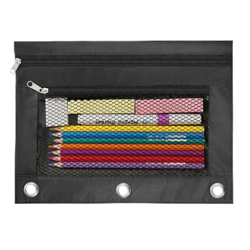 Image of 3 Ring Pencil Pouch for Binder, 2-Pocket Zipper Pencil Case with Clear Window & Mesh Pocket, Heavy Duty 600D Oxford Fabric Binder Pouch for School Office Supplies (Jet Black)
