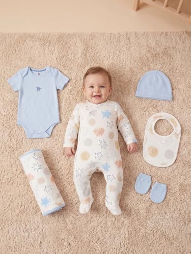 Image of 6 Pcs Clothing Gift Set with Box, 100% Cotton Soft & Breathable 6-Piece Layette Set with Bodysuit, Romper, Bib, Cap, Mittens & Swaddle, 0-12 Months, All-Season Wear