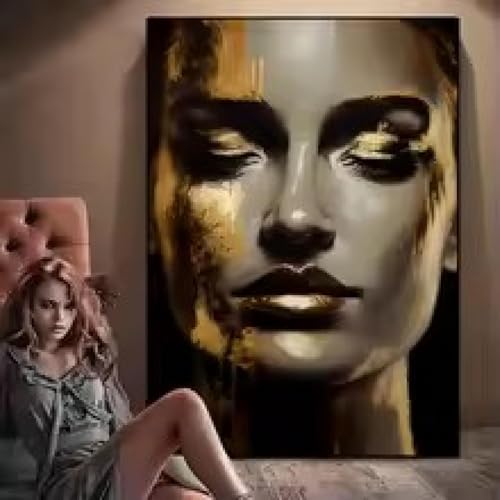 Tableau abstrait moderne salon portrait doré grand format - 3