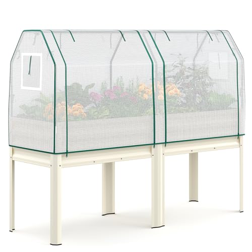 KING BIRD Large Raised Garden Bed with Netting Galvanized Elevated Planter Box with Legs 72×23×55 in for Backyard, Patio, Balcony, 700lb Capacity, Beige 71x23x56 in Netting Beige