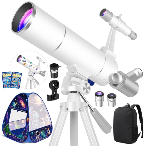 HUGERSTAR Teleskop Astronomie für Erwachsene & Kinder, 80mm Öffnung 500 mm Refraktor Teleskop Profi für Anfänger, Tragbares Reiseteleskop mit Pop-up-Zelt, Stativ, Handyadapter, Rucksack & Aufklebern