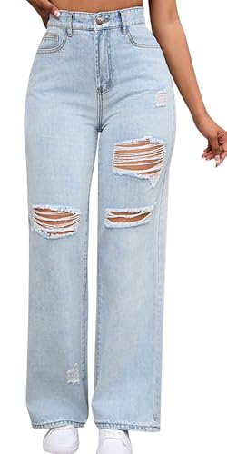 Maeau - Damen-Jeans, hohe Taille, Denim, gerissene Hosen, Baggy, Jeans, weites Bein, modisch, lässig, Größe XS-2XL, hellblau, Large Maeau - Damen-Jeans, hohe Taille, Denim, gerissene Hosen, Baggy, Jeans, weites Bein, modisch, lässig, Größe XS-2XL, hellblau, Large