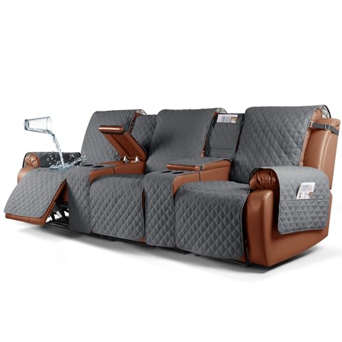 Image of Ruaozz Waterproof Recliner Sofa Cover with Console, Non-Slip Couch Cover Pet Cover for Double Recliner Split Sofa Cover with Elastic Straps for Kids, Dogs, Pets (Dark Grey, 3 Seater)
