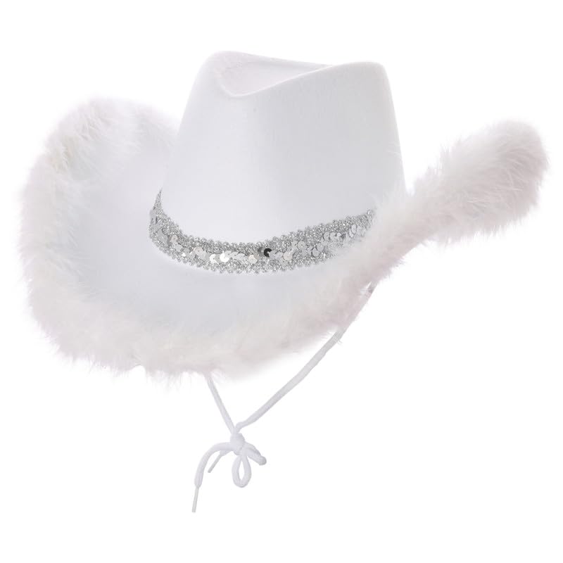 My Illusions Fluffy White Cowgirl Hat with Feathers and Sequins Cowboy Fancy Dress Festival Costume Accessory (Single)