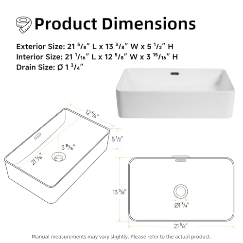 22 Inch Bathroom Vessel Sink with Overflow, Los Flexi 22"W x 13"D Rectangular Vessel Sinks for Bathrooms, White Porcelain Basin, Modern Above Counter Bathroom Sink
