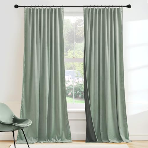Image of RYB HOME Velvet Curtains 96 inches Long for Sliding Patio Door | Thermal Insulated, Privacy UV Heat Blocking, Back Tab, Room Divider for Space Separation, W62 x L96, Mint Green, 2 Panels