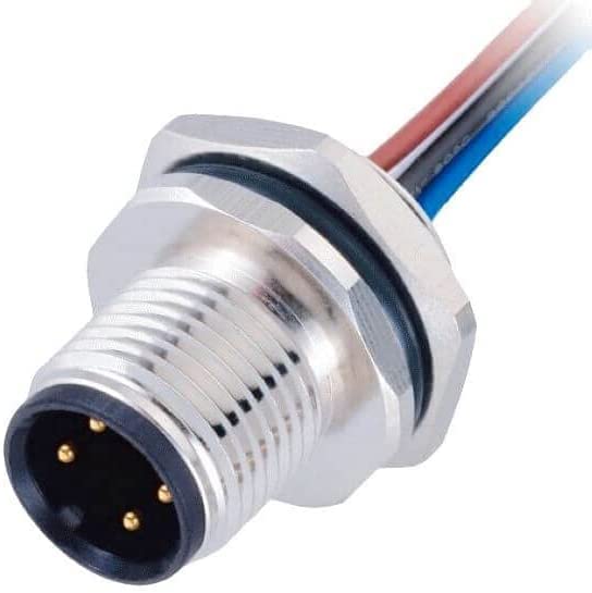 M12 4pin Male Connector, Panel Receptacles A Code Straight Non-Shield Panel Rear Mounting Connector with 1M Electronic Wires Cable (A Code 4 Pin Male Back Mount)