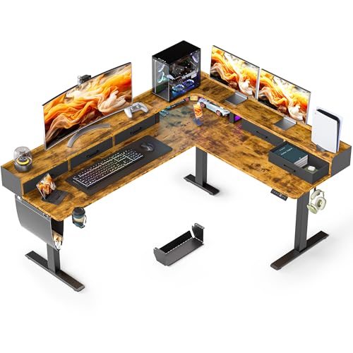 Image of WALKINGDESK 75 Inches Height Adjustable L Shaped Standing Desk with 5 Drawers and Monitor Shelf, Electric Sit to Stand Home Office Computer Table, Ergonomic Corner Gaming Desk, Rustic Brown