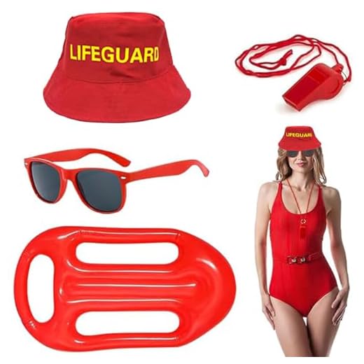 JOZMMZEOOA 4 Pzs Socorrista Disfraz,Accesorios de Salvavidas Disfraz Vigilante de la Playa Mujer Lifeguard Costume Set Incluye Sombrero Hombre Gafas Boya Salvavidas Silbato,para Carnaval Decorar