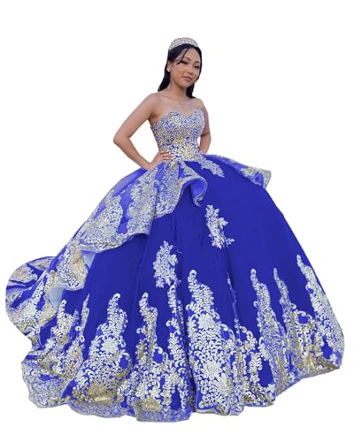 Ball Gown Quinceanera Dresses Sweet 16 Prom Dress Royal Blue and Gold  Embroidered Lace Glitter Sequins Applique Pearl Designer Princess  Homecoming Wedding Dress Long Train 16 at Amazon Women's Clothing store