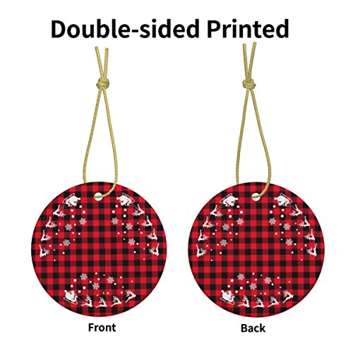 Round Christmas Ornaments, Red Black Buffalo Plaid Snowflake Elk And Santa 2022 Christmas Ornament, Keepsake Bauble, Ceramic Tree Decoration, Hanging Pendant, Xmas Decoration #TOP1