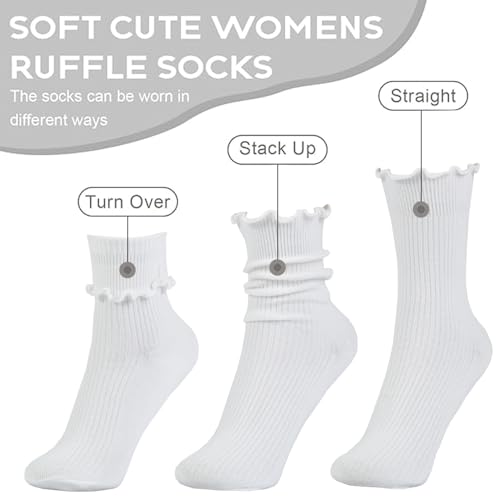Image of Womens Socks, Ruffle Turn-Cuff Casual Crew Socks Breathable Cool Knit Cotton Lettuce Frilly Ankle Sock 6 Pack (US, Alpha, One Size, Regular, Regular, 6-pairs(white) crew Socks)