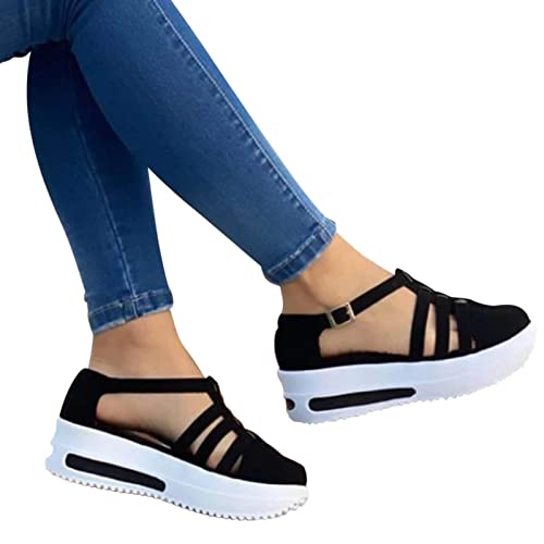 Sandale Femme d'été Chaussures Plates Femmes Sandales Confortable Mules Été Sandales femme plates Été Claquette Plage Talon Plat Semelle Compensée Sandales Femme été Bout Ouvert Chaussures Noir 36 EU Cover