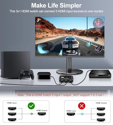 Image of 3x1 HDMI 2.1 Switch 4K 120Hz, Aluminum Alloy 8K@60Hz HDMI Switch 3 in 1 Out, avedio Links HDMI Switch Box Support 4K@120Hz, Ultra HD, 8K Hdmi Selector Switcher for Game Consoles, Fire Stick