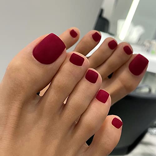 Solid Color Wine Red Press on Toenails for Women, Matte Fake Toenail Press ons Short Square Acrylic Press on Toe Nails, Reusable Wine Red Toenails Glue on Natural Seamless Fit, 24Pcs Glue Toenails
