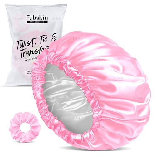 FABSKIN Luxury Satin Silk Hair Bonnet Cap for Sleeping with Satin Scrunchie | For Women & Girls | For Curly & All Hair Types (PINK)