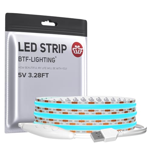 Image of BTF-LIGHTING 5V USB Ice Blue COB LED Strip Lights Super Bright Dimmable LED Tape Light,3.28FT 320LEDs Flexible Light Strip with Strong 3M Tape for 3D Printer,TV Backlight,Cabinet,Home Lighting