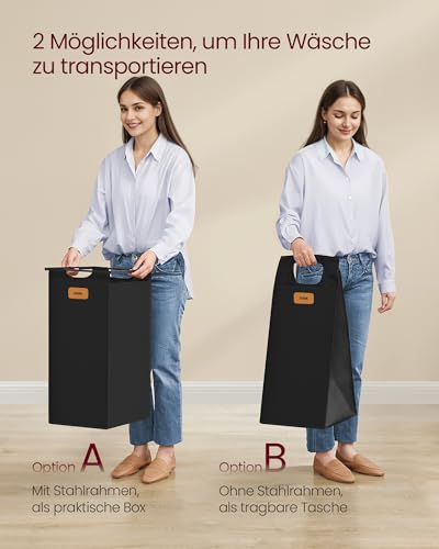 VASAGLE Wäschesammler mit Rollen, Wäschekorb 4 Fächer, 150 L, Wäschesortierer mit Ablage, Wäschewagen, abnehmbare Taschen, 6 Etiketten, Waschküche, tintenschwarz-kastanienbraun RLS100B01