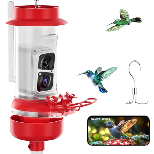 Soliom Hummingbird Feeder with Camera Smart Feeder Camera with 2K Live View AI Identify Leak Proof&Ant Moat&Bee Proof Outdoor Pole/Hook Hanging Ideal Gift for Family 16 OZ Red