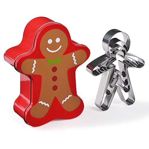 patisse 13725 – Boîte métal forme Gingerman contenant 4 découpoirs ou emporte pièces inox en forme de Gingerman - Mannele – 4 hauteurs différentes :...