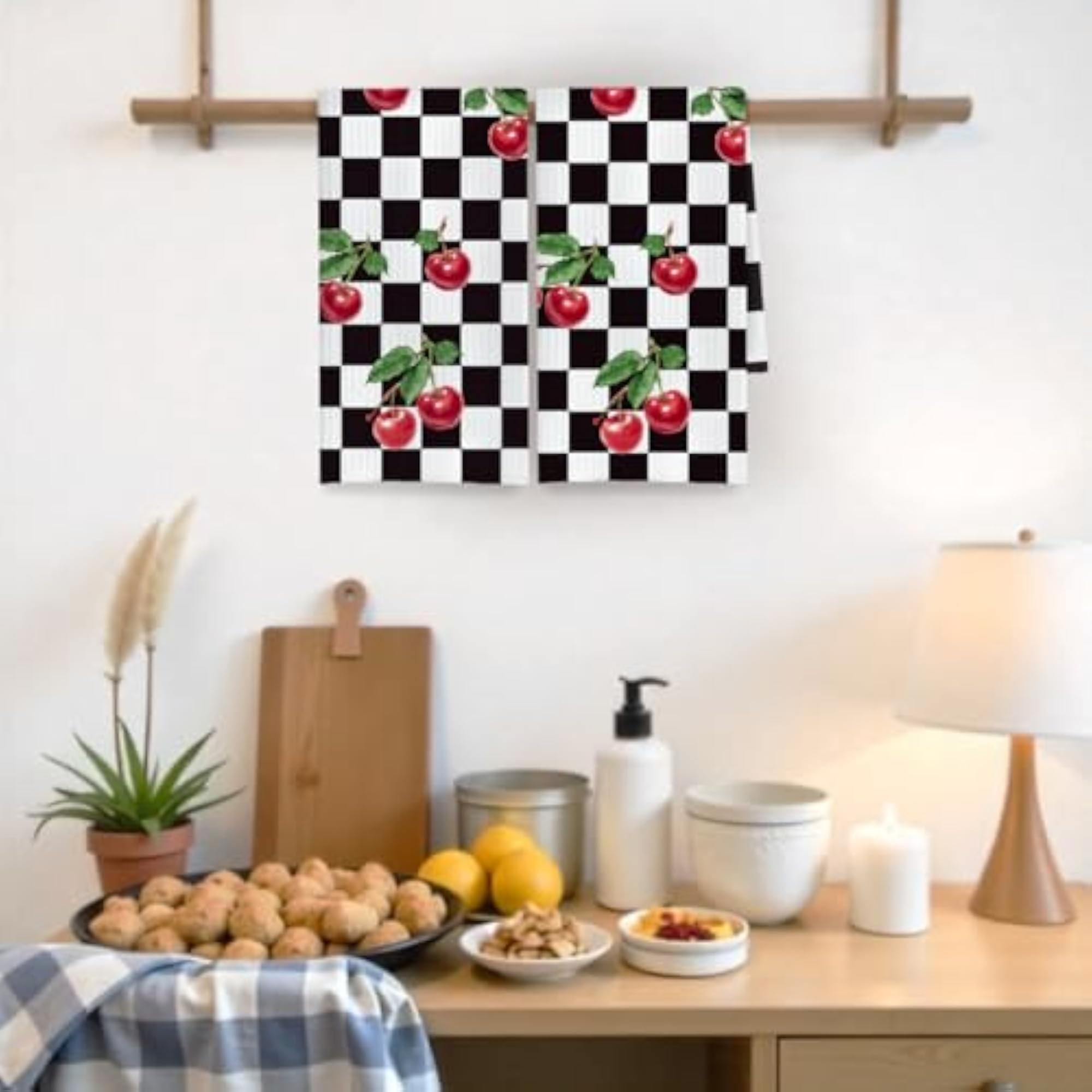 Black and White Checkered Cherry Kitchen Towels, Retro Decor