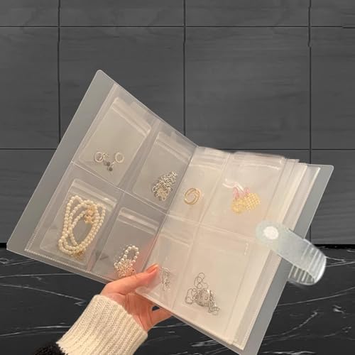 Organizador de joias transparente com zíper e bolsos transparentes para anéis, brincos, pulseiras, armazenamento para esposa e mãe (quatro grades)