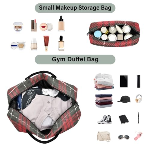 Sinestour Red Tartan Plaid Travel Duffel Bag for Men Women with Makeup Bag Weekend Overnight Carry On Bags for Travel Getaway Weekend4