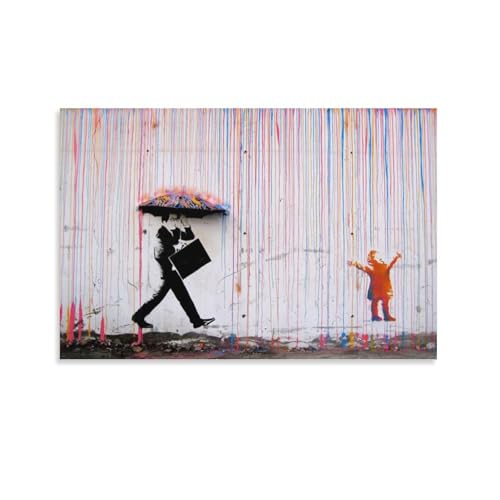 Banksyバンクシーのカラフルな雨壁画ポスター グラフィティポスター プリント キャンバス 絵画 壁アート モダン ホーム装飾 ぶら下がる ポスター 画像 壁の絵 版画 ギフト16x24inch(40x60cm)