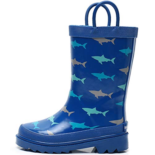 Solarrain Boys Rubber Waterproof Rain Boots With Easy On Handles Non Slip Durable Mud Boots Fun Printed Rain Shoes For Toddler And Kids (Sharks, Numeric_9) #TOP7