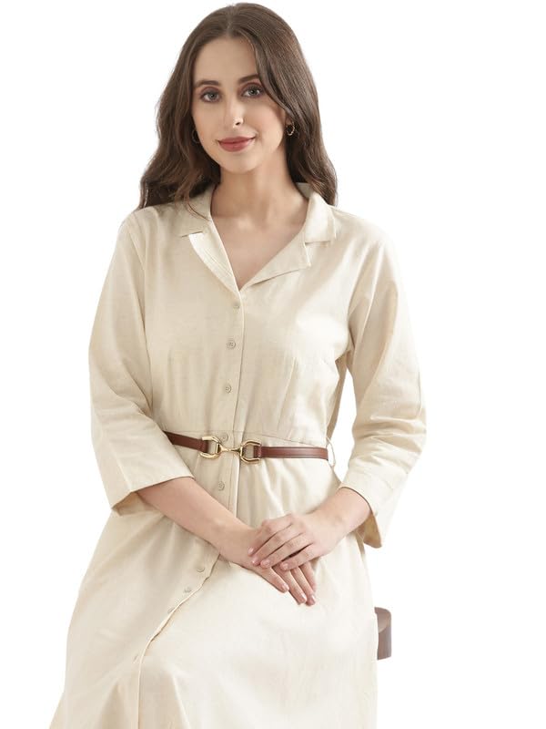 Image of SAADAA Women Cotton-Linen Blend Flared Dress | Midi Dress with 3 /4 Sleeves, Adjustable Waist Belt & Pockets | Below Knee Casual Dress for Office, Travel & Everyday Wear