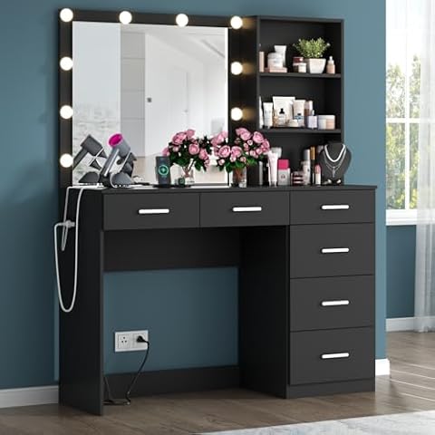 Gyfimoie 39 Inches Black Vanity Desk with Lights, 6-Drawers Makeup Vanity Table with Power Strip and Storage Shelves, Dressing Table with Lighted Mirror for Women Girls (Black) Cover