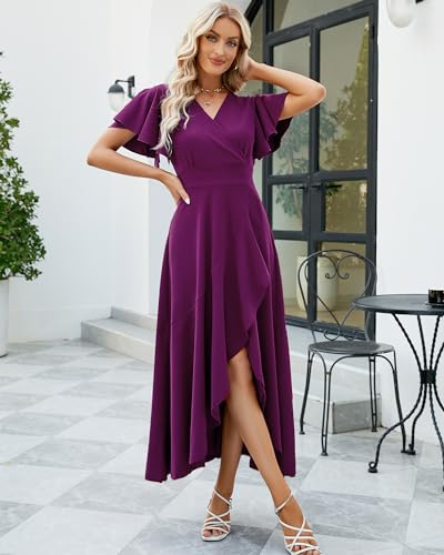 Image of Long Black Formal Dresses for Women Gowns Evening Party Cocktail Dress,Split Elegant V Neck Wrap Ruffle Wedding Guest Dresses