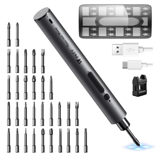 PKEY Electric Screwdriver, Cordless Screwdriver with 32 Magnetic Bits & 4 LED Lights, Torque Adjustment, Rechargeable 2000mAh Battery, Repair Tool Kit for Door Locks, Printers, Computer, Bicycle