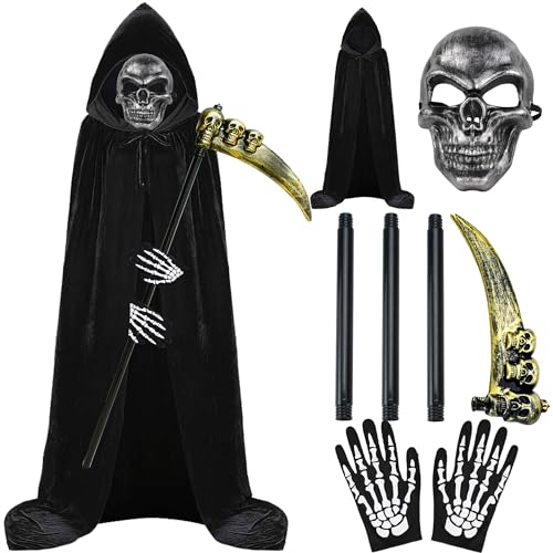 Muchofan Grim Reaper Costume Men Adult Black Robe with Hood, Grim Reaper Scythe, Skull Plastic Mask and Skeleton Gloves for Mens Grim Reaper Costume Adults for Halloween Grim Reaper Fancy Dress