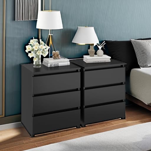 FOTOSOK Nightstands Set of 2 Black Nightstand with 3 Drawers, Black Bedside Table Night Stand for Bedroom with Cut-Out Handle, Sofa Side Table 3 Drawer Nightstand for Bedroom, 17.7W*15D*21.7H