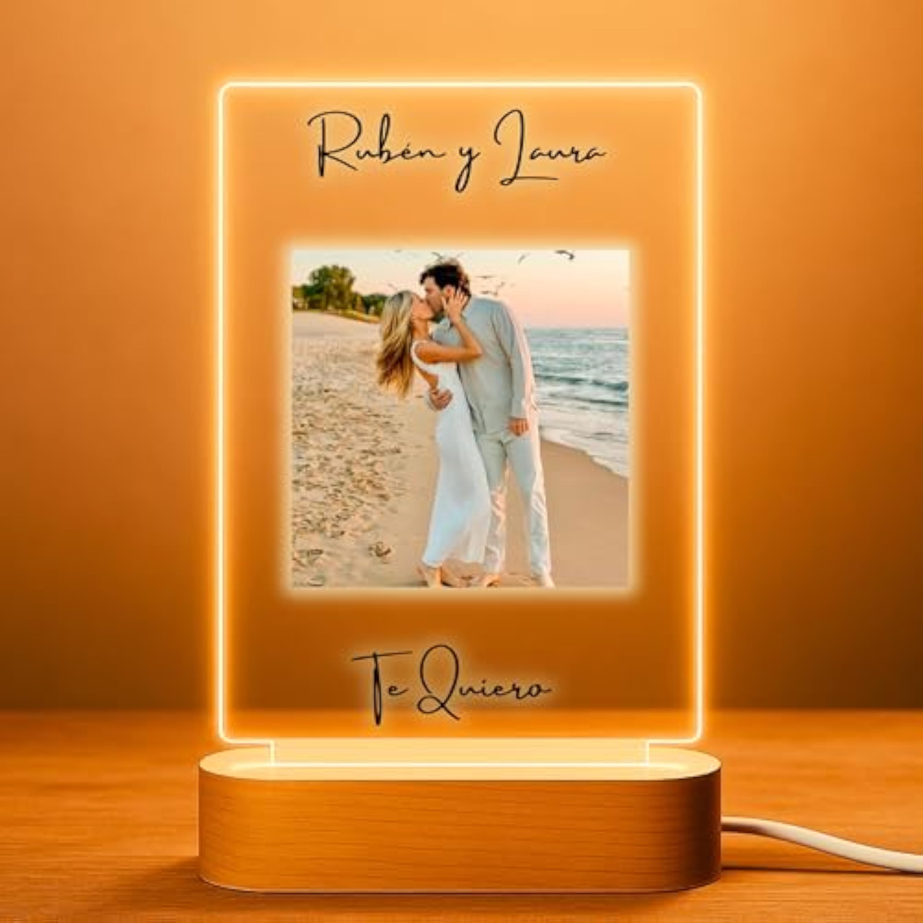 Cristal Plaque Lampara para Fotos Vertical Personalizada con Nombres – Regalo Pareja Hombre con 1 Foto y Texto – Lamparas Personalizadas en Metacrilato con Luz LED Ideal para Aniversario
