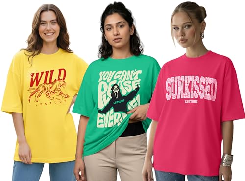 Image of LEOTUDE Women Cottonblend Drop Shoulder Oversized Round Neck Half Sleeve Tshirt, Longline Printed T-Shirt