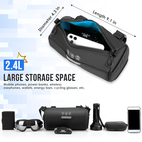 Image of WOTOW Bike Handlebar Bag Waterproof - Bicycle Handlebar Roll Bag with Large Reflective Area, Bike Front Pouch with Waterproof Zipper Shoulder Strap Removable Straps for Cycling (Cylinder, 2.4L)