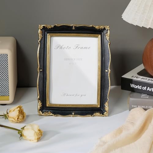 Vintage Picture Frame 5x7 Black and Gold Frame, Ornate Textured Hand-Crafted Resin Photo Frames with Glass Front, Decorative Picture Frame for Wall & Tabletop, Antique Frame Home Decor
