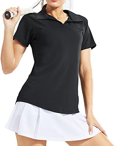 MIER Women's Golf Polo Shirts Collared V Neck Short Sleeve Tennis Shirt, Dry Fit, Moisture Wicking, Black, M