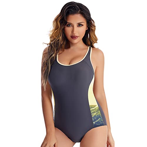Bañador Mujer Reductores Vientre Plano Natacion Chulos Traje de Baño Chulos con Aros Turbo Push up Racerback Amplia Correa para el Hombro Control de Barriga Bañadores Verano Despedida Soltera Gris L