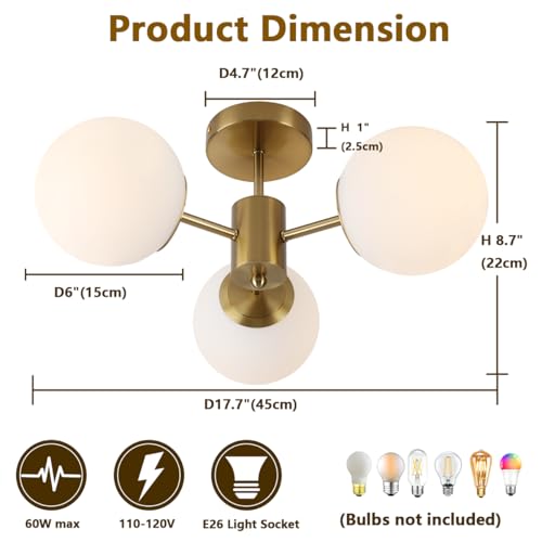 Image of 3 Lights Semi Flush Mount Ceiling Light Mid Century Modern Brass Ceiling Light Milk Glass Sputnik Small Chandelier for Bedroom Dinning Room Foyer Hallway