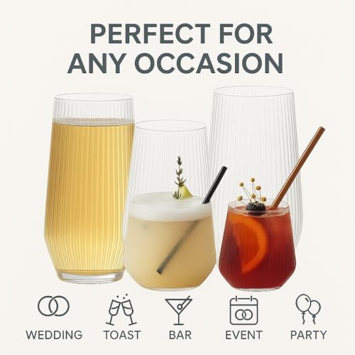 Image of 48 Pack Disposable Wine Glasses, 24 Stemless 9oz Champagne Flutes & 24 12oz Cocktail Cups - Ribbed Reusable BPA-Free Shatterproof Unbreakable Recyclable Plastic for Wedding Birthday Party Bar (Clear)