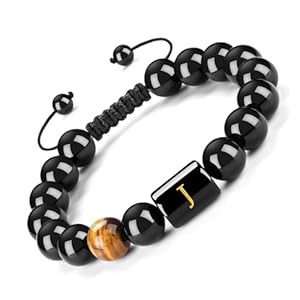 FRG Initials Bracelets for Men Letter Link Handmade Natural Black Onyx Tiger Eye Stone Beads Braided Rope Meaningful Bracelet