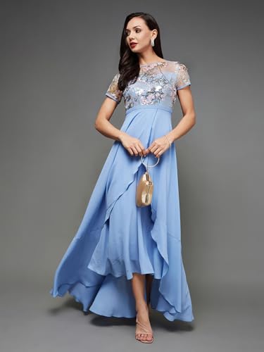 Image of Miss Chase Women's Round Neck Sleeve Embellished Fit Flare Maxi Dress