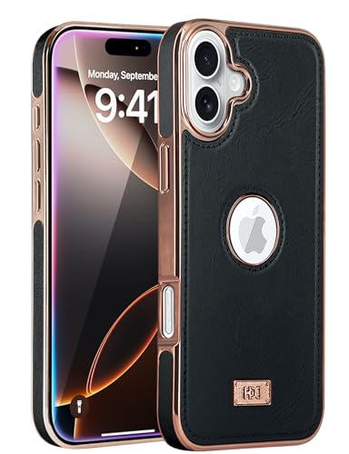 Image of BOUNCEBACK Faux Leather Electroplated Logo Cut Back Case /Cover for iPhone 16 - Black