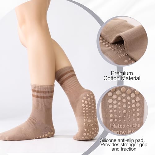 Image of Jspupifip 4 Pairs Pilates Grippy Socks for Women, Long Non Slip Yoga Socks with Grips Crew Socks for Pilates Barre Hospital