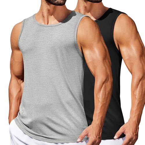 COOFANDY Mens Casual Tank Tops Moisture Wicking Muscle Sleeveless Shirts Soft Bamboo Viscose Tank Shirt 2 Pack