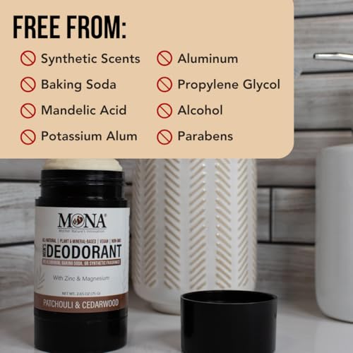 Image of All Natural Deodorant for Men Aluminum Free | Hypoallergenic Men's Deodrant, Magnesium Deodorant for Sensitive Skin | Absorbs Sweat | Won't stain clothes | By MONA Brands (Patchouli Cedarwood 2.65 Oz)